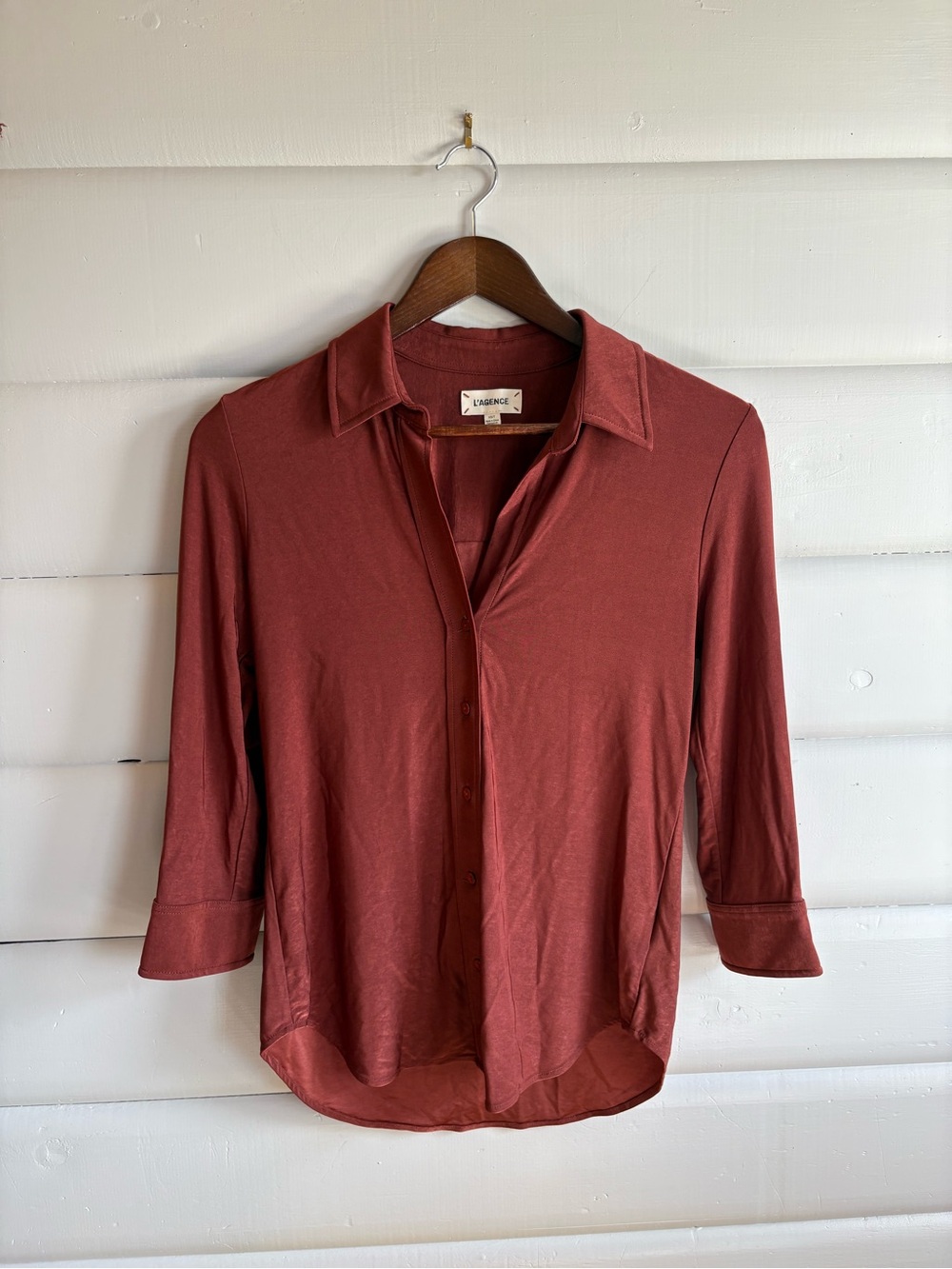 L’AGENCE Dani Blouse Brick Liquid Jersey Button-Up Blouse 3/4 Sleeve XS